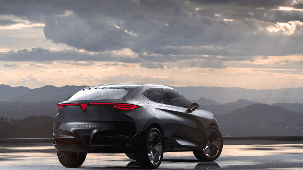 CUPRA Tavascan чорного кольору під відкритим небом, вид ззаду